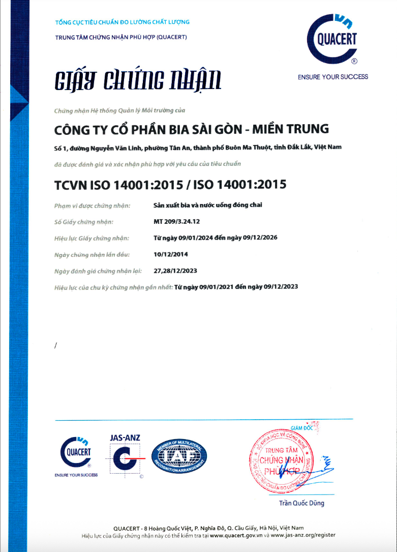 Chứng nhận ISO 14001:2015 - Nước Giải Khát Bia Sài Gòn - Miền Trung - Công Ty CP Bia Sài Gòn - Miền Trung